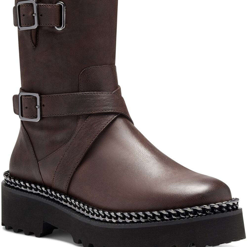NEW Vince Camuto Boots Messtia Brown Leather Lug Sole Moto Womens Size 6.5